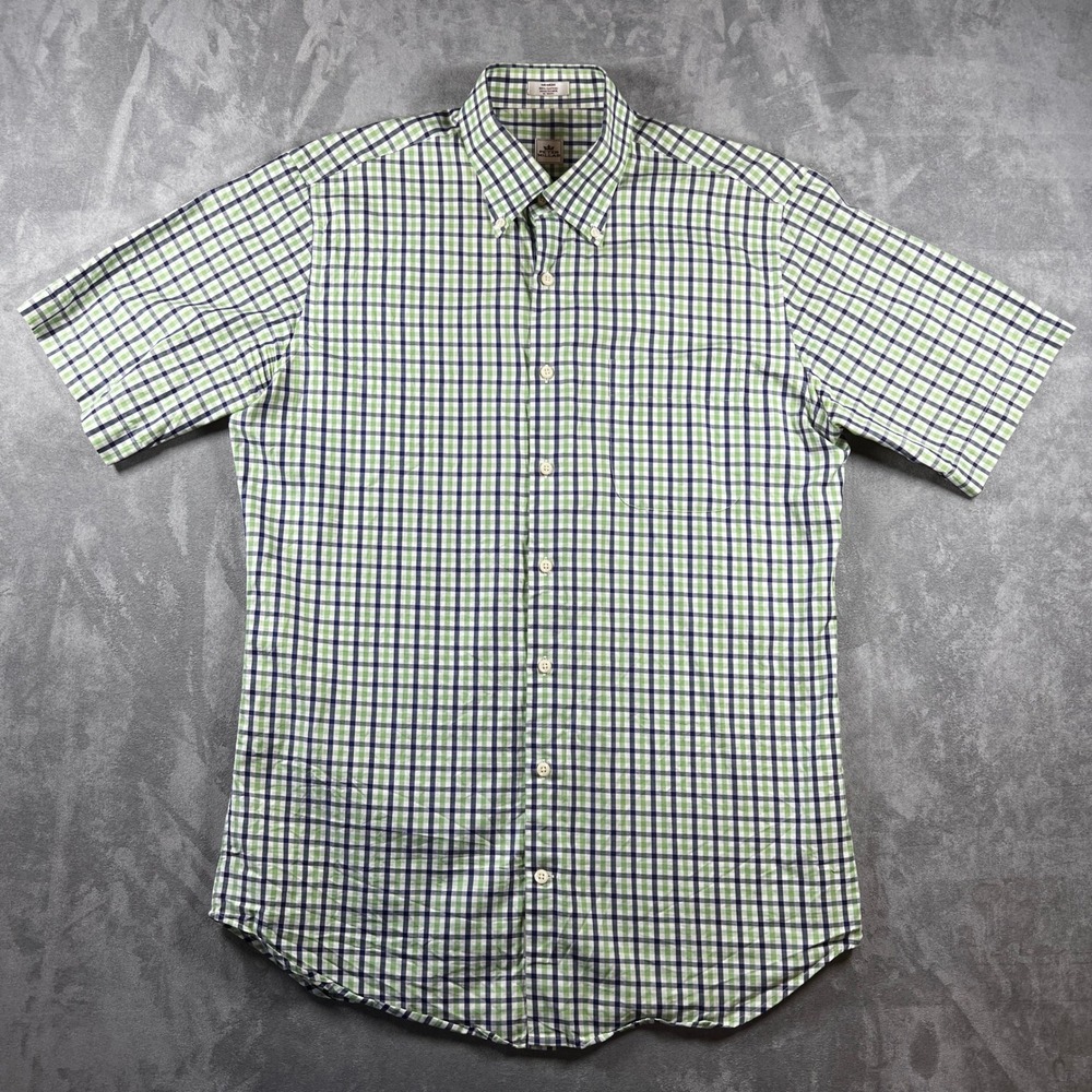 Peter Millar Mens Medium Short Sleeve Button Down Gingham Shirt Green Navy White